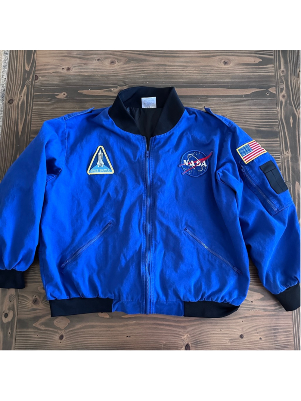 Aeromax NASA Space Shuttle Jacket L Blue Black Patch Bomber Space Explorer